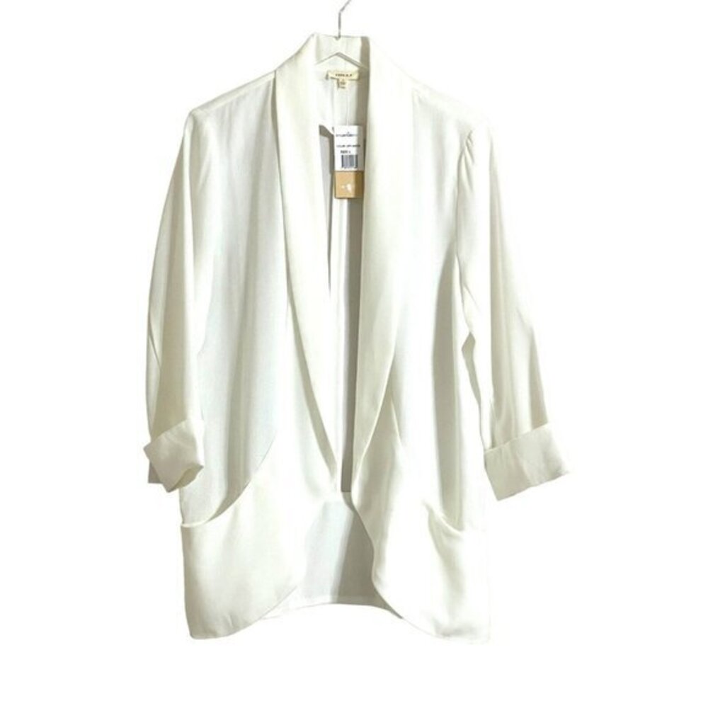 Gilli White Blazer Shawl Collar Open Front Rolled 3/4 Sleeve Duster SZ L NWT